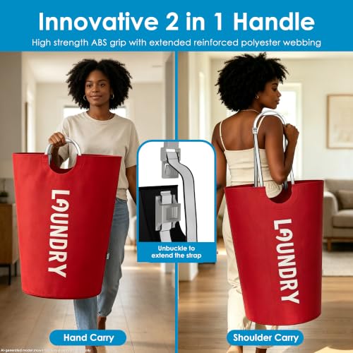 Image of 130L Laundry Basket with Tech Handle, 2in1 Large Dirty Clothes Hamper Red
