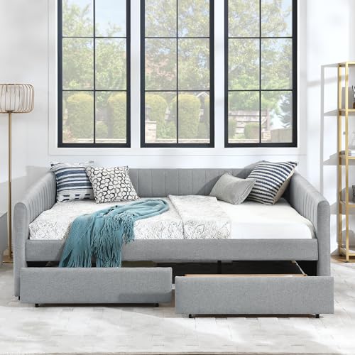 KEIKI Queen Linen Daybed with 2 Drawers, Tufted Corner Frame