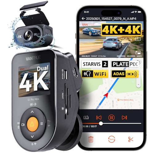 Vantrue S1 Pro Max 4K+4K Dash Cam Dual STARVIS 2 Dash cam Front and Rear 2 Channel HDR Dashcam PlatePix Night Vision 5G WiFi Voice Control GPS 24H Buffered Parking Mode Support 1TB Max