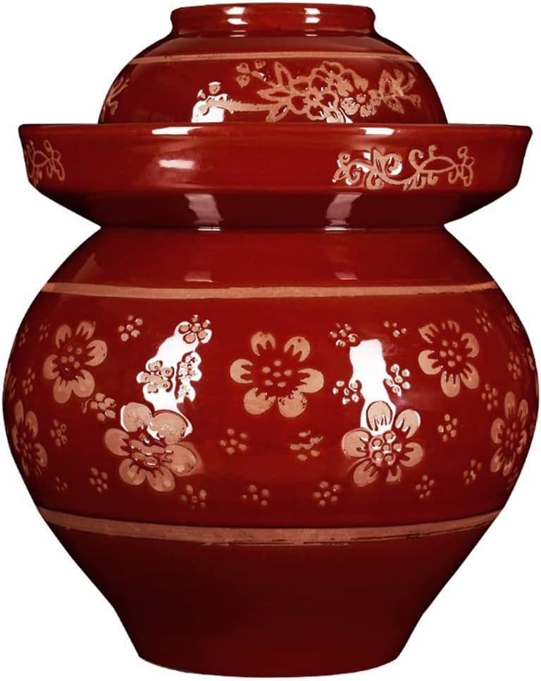 Red Traditional Chinese Porcelain Pickle Jar, Ceramic Fermentation Crock Pickling Pot,Fermenting Jar with Water Seal Airlock Lid Stoneware Fermenter for Kimchi Sauer 6KG