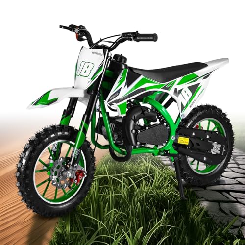funrautz Mini Dirt Bike for Kids, 49cc Gas-Powered Off-Road Motorcycle, 2-Stroke Youth Trail Bike, Safe & Easy to Control Kids Gas Dirt Bike with Front & Rear Disc Brakes, 10" All-Terrains Tires