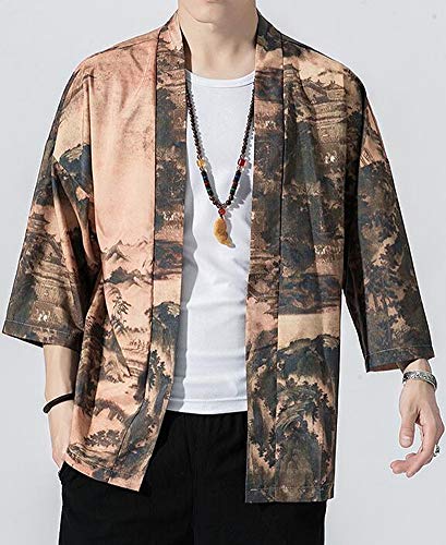 Hotmiss Men's Kimono Cardigan Jacket Japanese Style Flying Crane Seven Sleeves Open Front Coat4
