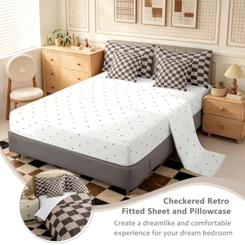 Image of Feelyou Checkered Retro 7 Piece Bedding Set Teen Women Men Gradient Brown Plaid Comforter Set with Sheets Full Size Kids Boys Geometric Vintage Bed in a Bag Modern Simple Groovy Aesthetic Room Decor