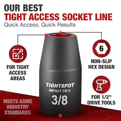Image of TIGHTSPOT 1 /2 Inch Drive - 3 /8 Inch Shallow Impact Socket with Anti-Rounding 6 Point Design, Heat-Treated CRV Steel