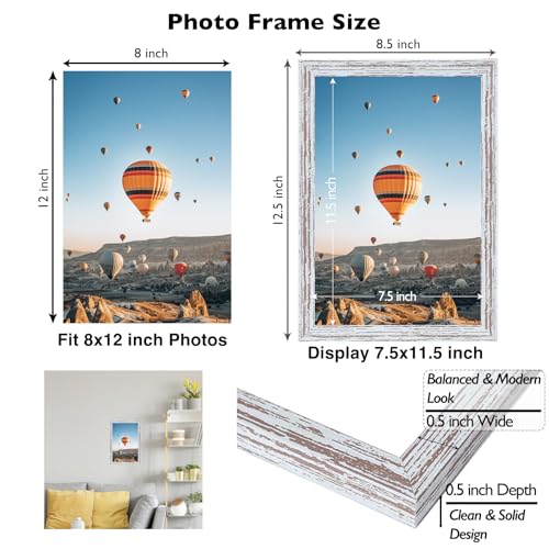 Image of JCJMY 8x12 Picture Frame for Wall Hanging or Tabletop, Wall Mounting Horizontally or Vertically, 8 x 12 Wall Gallery Poster Photo Frame with Durable Shatter Resistant Plexiglass, Rustic White