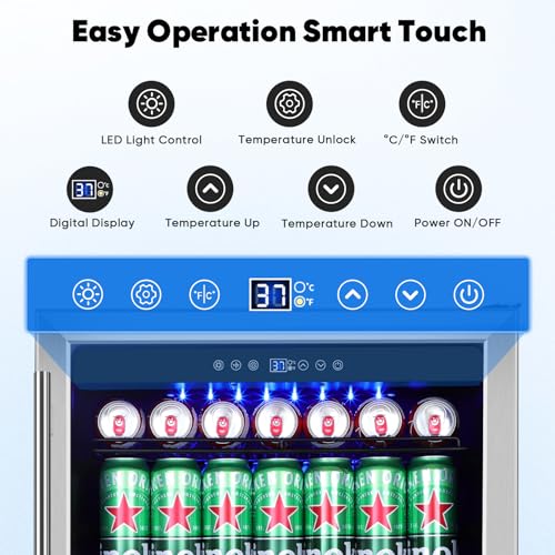 Image of ORYMUSE 24 inch Beverage Refrigerator, 180 Can Under Counter Drink Cooler with Glass Door & Lock, Built-in or Freestanding Mini Fridge with Quiet Compressor Cooling for Beer, Soda & Wine