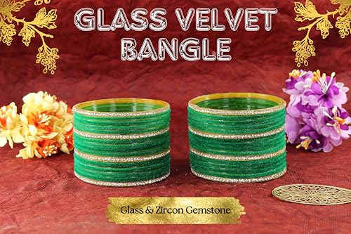 Image of NMII Fancy Glass Golden Zircon Diamond Stone & Velvet Finish Plain Bangles Set For Women & Girls | Glass Velvet Bangles | Kanch ki Chudiyan | Girl's Bangles Bracelet | Fashion Jewellery- Set of 32