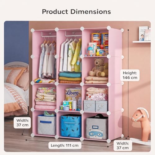 Image of Mevigo Foldable Plastic Wardrobe for Clothes - 12- Door Baby Cupboard for Clothes Storage, Wardrobe for Kids, Plastic Almirah, Collapsible Wardrobe for Kids Livingroom & Home (Pink-KTH2, 12- Door)