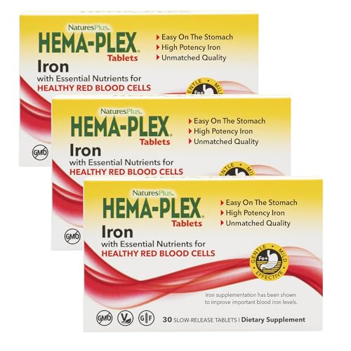 NaturesPlus Hema-Plex Iron - 30 Slow-Release Tablets, Pack of 3 - Total Blood Health - 85 mg Chelated Iron - With Vitamin C & Bioflavonoids - Non GMO, Vegetarian & Gluten Free - 90 Total Servings