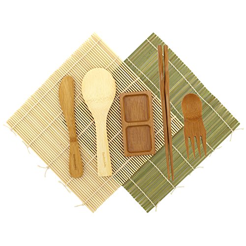 Bamboomn Sushi Mat Kit - 1X Green And 1X Natural Sushi Rolling Mat, 1X Rice Paddle, 1X Spreader, 1X Chopsticks, 1X Sushi Sauce Dish, And 1X Free Spork - Deluxe Sushi Set #TOP25