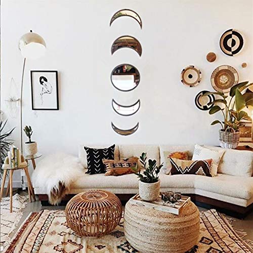 5 Pieces Scandinavian Natural Decor Acrylic Wall Decorative Mirror Interior Design Wooden Moon Phase Mirror Bohemian Wall Decoration For Home Living Room Bedroom Decor - Acrylic,Not Real Mirror(Beige) #TOP3