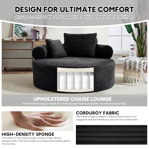 Image of Oversized Round Chair Lounge Chaise Indoor, 55.5 inch Upholstered Corduroy Deep Seat Single Cloud Sofa Chair, Fluffy Modern Large Circle Boneless Sleeper Sofa for Living Room, Bedroom, Black
