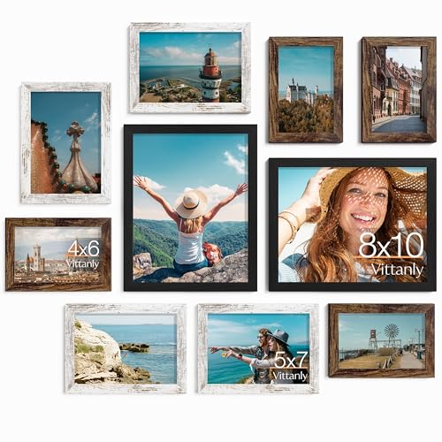 Image of Vittanly 10 Pack Picture Frames Collage Wall Decor, Gallery Wall Frame Set for Wall or Tabletop Display, Multi Sizes with Two 8x10, Four 5x7, and Four 4x6 Photo Frames, Black&Brown&Distressed White