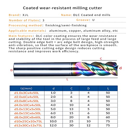 Image of XJL DLC Coating End Mill for Aluminum Carbide End Mills Set Square Nose 3 Flutes Milling Cutter for 6061 Aluminum Alloy