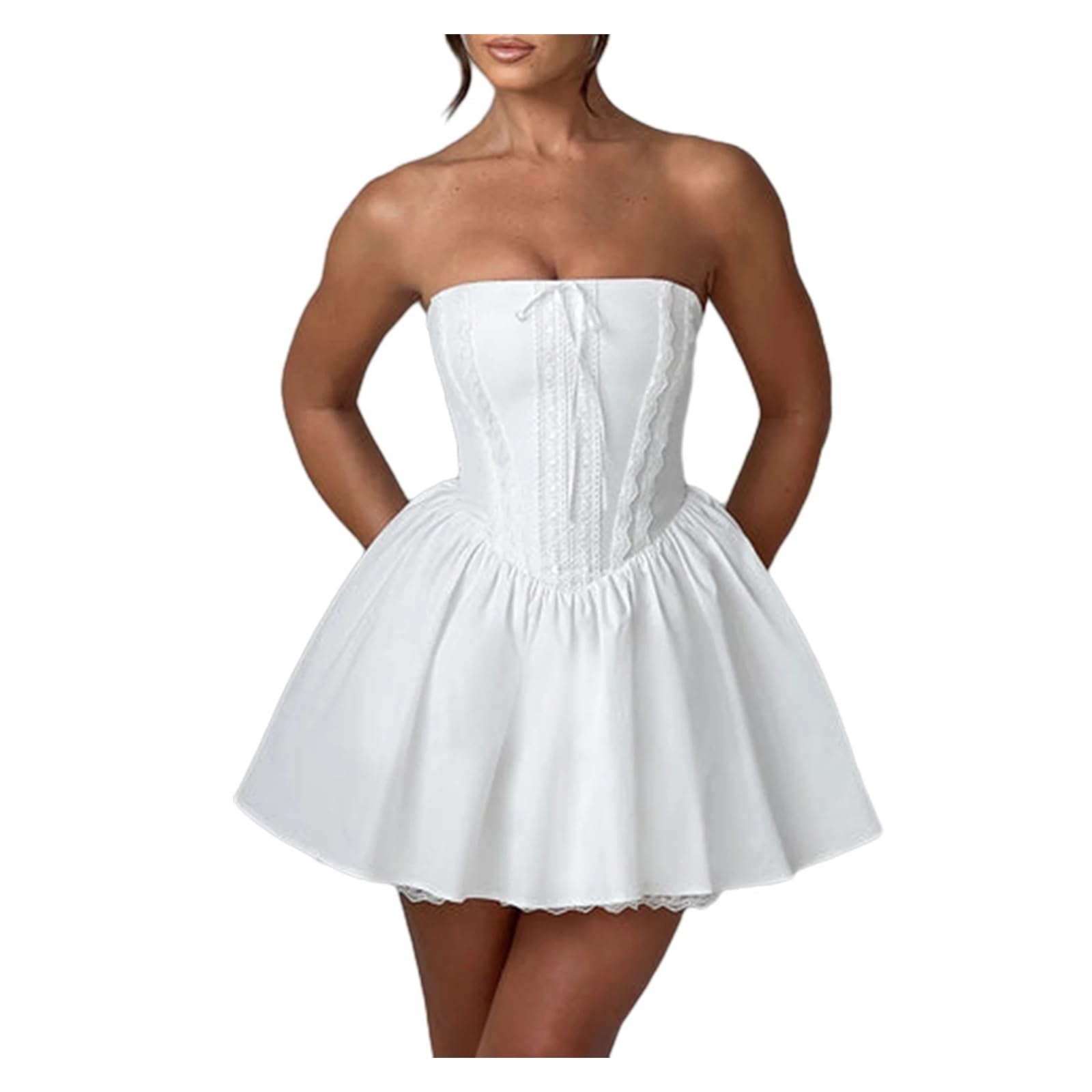 Women Corset Mini Dress Strapless Lace Solid Color Top Dress