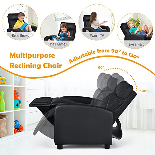 Image of Costzon Kids Recliner, Adjustable PU Leather Lounge Chair with Side Pockets, Footrest, Headrest for Kids Aged 3-12, Black