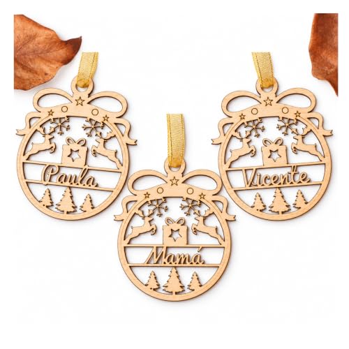 Olesea Bolas de Navidad Personalizada con Nombre de Madera 5 Unidades Navidad Decoración - Adornos Cuerda incluida (Esfera)