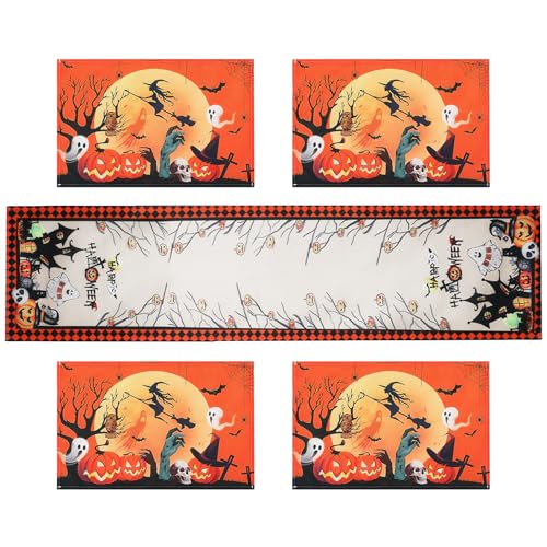 Simpeak Caminho de mesa e toalhas de mesa individuais Halloween conjunto de 5, terror abóbora individuais caminho de mesa de decoração de Halloween para decoração de festa