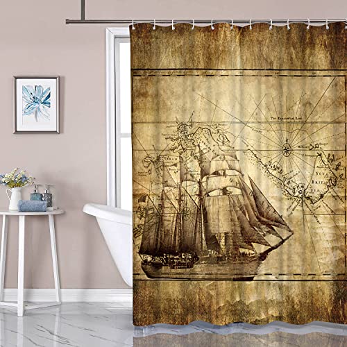 Artbones Nautical Shower Curtain Ocean Sailing Boat Compass And Map Pattern Waterproof Polyester Fabric Bath Curtain Set Vintage Brown 72X72Inch #TOP4