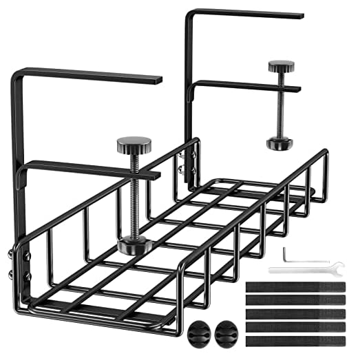 Under Desk Cable Management Tray, Upgraded Long Arm Clamp, Inward Or Outward, Cord Organizer for Desk, Desk Wire Management,Under Table Cable Management Rack, Desk Cable Organizer, Fits Most Tables