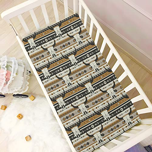Image of Western Boho Bull Skulls Crib Sheets Soft Breathable Fitted Baby Playard Sheets Mattress Cover for Girl Boys, 39 inch x 27 inch x 5 inch