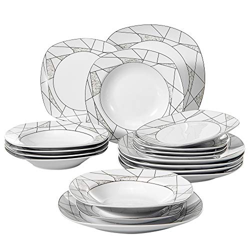 VEWEET, Service de table série « Serena » en porcelaine 18 pièces | avec 6 assiettes à dessert, 6 assiettes creuses et 6 assiettes plates, set d'assiettes pour 6 personnes/restaurant/famille, blanc