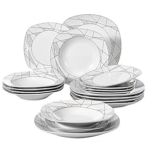 Veweet Tafelservies ‘Serena’, porselein 18-delig, met 6 dessertborden, diepe borden en platte borden, bordenset voor 6 personen, voor restaurants of gezinnen