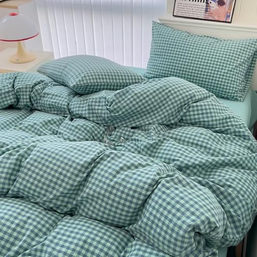 Image of LifeTB Green Gingham Comforter Set Full Size Geometric Plaid Checkered Pattern Comforter Green Grid Plaid Printed Bedding Comforter Set with 2 Pillowcases Fluffy Soft Gingham Bedding Set Breathable