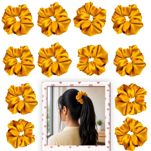 Image of Satin Scrunchies Hair Bands for Women Pack of 12 (Harvest Gold)