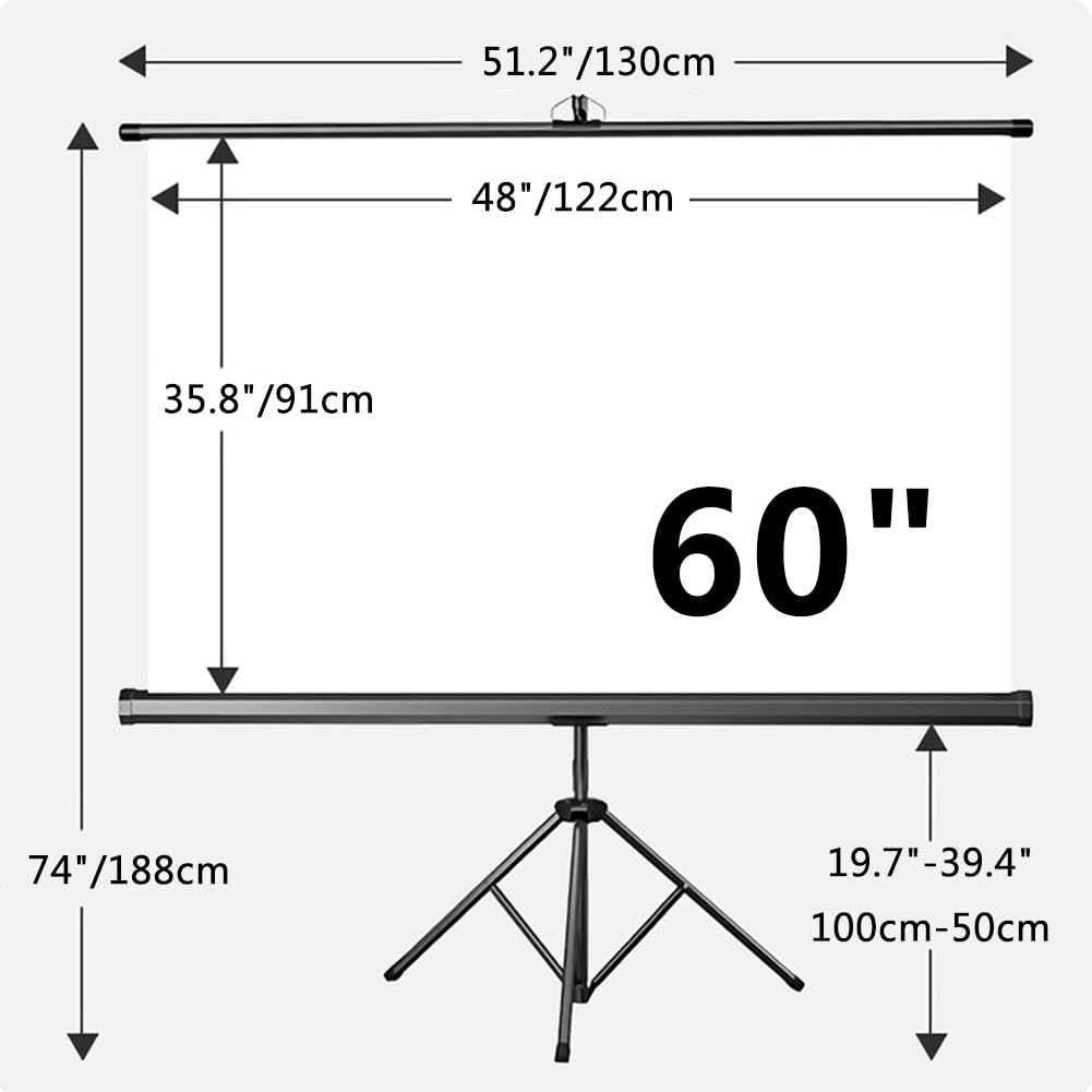 Schermo di Proiezione Manuale Estraibile da 60 72 84 100 Pollici con Treppiede, Schermo Cinematografico Ultra HD 4K per Cinema All'aperto, Casa(60 inch)