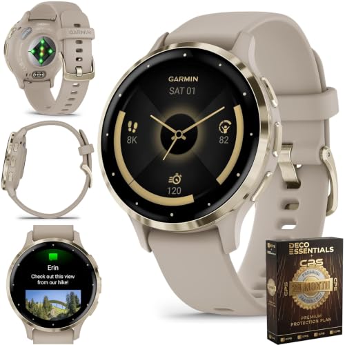 Garmin Venu 3S Running GPS Smartwatch AMOLED Display Advanced Health & Fitness Up to 10 Days Battery Soft Gold with French Gray Silicone Band - Bundle w/Deco Essentials 26-Month CPS Plan