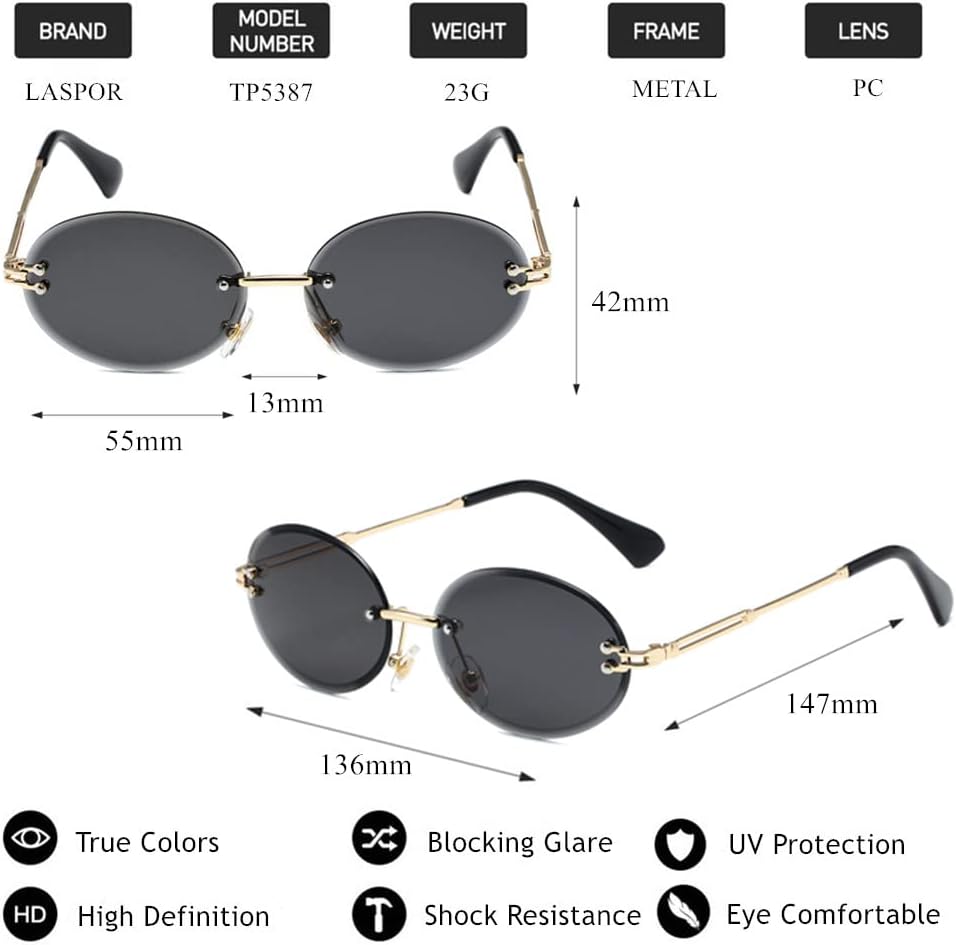 LASPOR Retro Oval Sunglasses for Women Men Fashion Vintage Gold Metal Frameless Rimless Glasses Tinted Lens UV400 Protection - Image 5