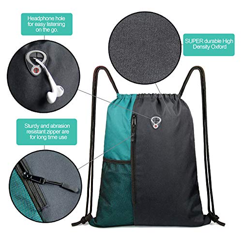 Image of Drawstring Backpack Sports Gym Bag for Women Men Large Lightweight Backpack with Zipper and Water Bottle Mesh Pockets (Black /Teal)