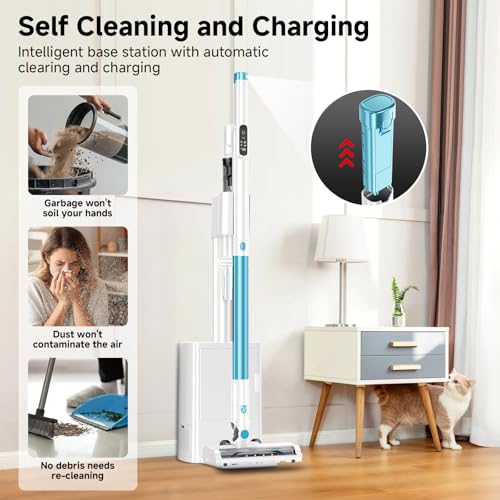 Image of Cordless Stick Vacuum Cleaner with Auto Empty System Self-Charging Base, Powerful Suction for Pet Hair on Carpet & Hardfloor, Lightweight Anti-Tangled Handheld Vacuum, HEPA Filtration, Blue