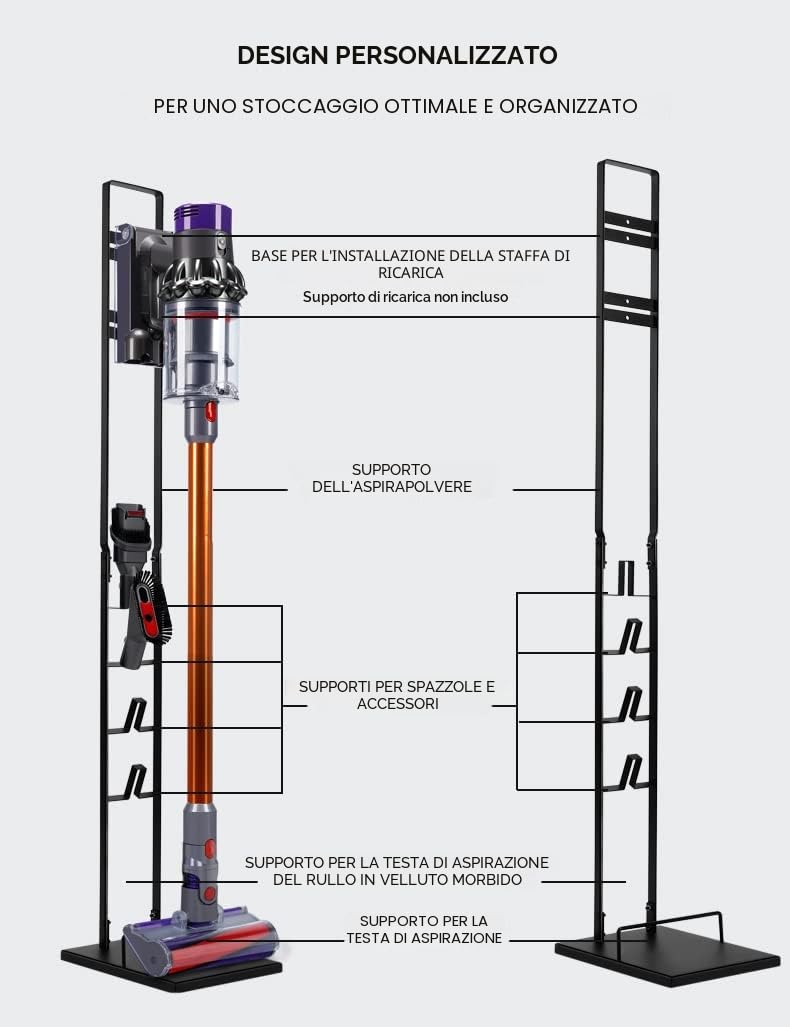 MORANGO Organizzatore Aspirapolvere Dyson, Metallo, Compatibile con Dyson V15 V12 V11 V10 V8 V7 V6 - DC58/ DC59/ DC62/ DC74. Supporto per il Pavimento, senza Forare la Parete. Staffa Verticale.