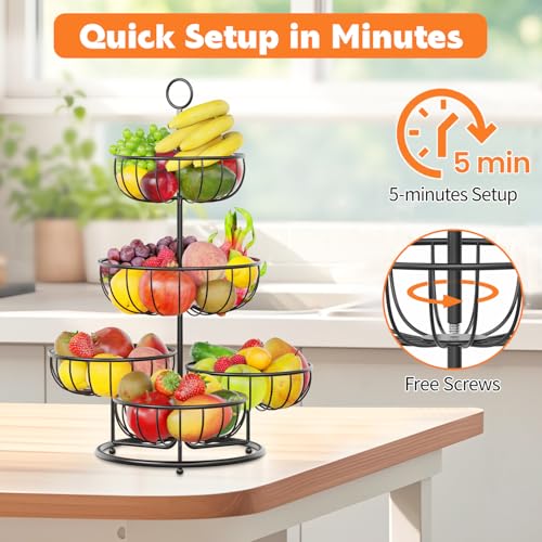 Foto von PouHenier.jh 5 Etagen Schwarz Obstkorb Obstschale, Groß Mehrstöckig Küche Gemüsekorb, Hoch Metall Obst Gemüse Etagere Aufbewahrung Obstregal, Modern Stabiles Eckig Obstbehälter, Einfache Einrichtung