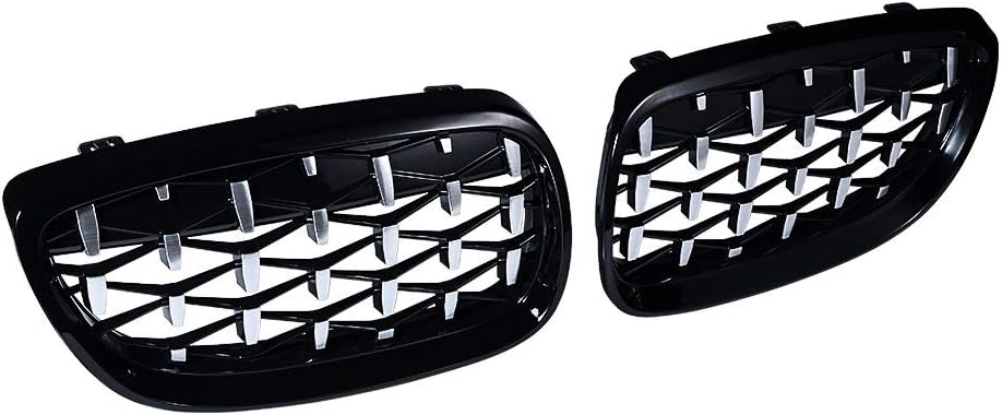 Pair Glossy Black & Chrome Honeycomb Diamond Front Bumper Grill Kidney Grille for 2007-2013 E92 E93 M3 328i 328xi 335i 335xi xDrive Base Convertible 2-Door Coupe