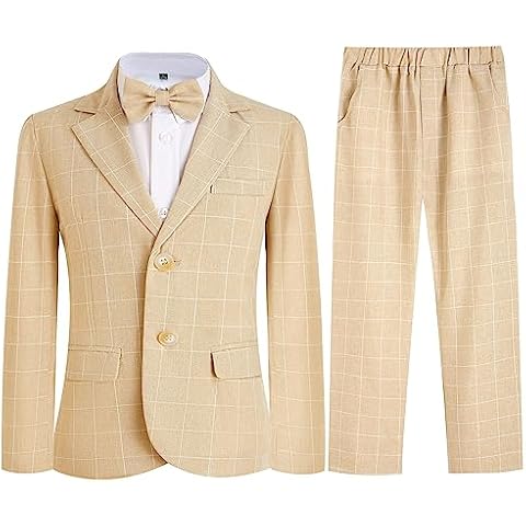Boys Plaid Suit Set 3 Pieces Blazer Vest Pants Classic Formal Suit for Wedding Party Light Khaki Cover