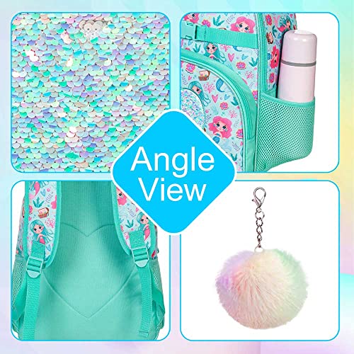 Ftjcf 3Pcs Mermaid Backpack, 16" Kids Sequins Bookbag For Girls With Lunch Box, Elementary Preschool Kindergarten School Bag Set - Green #TOP4