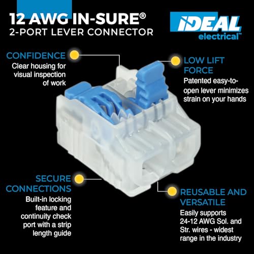 Image of Ideal Electrical in-Sure Lever Wire Connector,12 AWG, 2-Port(30-10L22), Box of 150-Compact Releasable Connectors for Solid and Stranded Wires