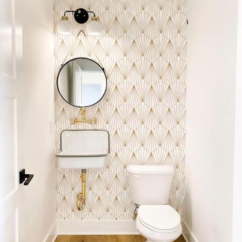 Jeweluck Gold And White Wallpaper Peel And Stick Wallpaper Geometric Contact Paper 17.7Inchx118.1Inch Gold Wallpaper Stick And Peel Modern Stripes Removable Wallpaper For Bathroom Decorative Vinyl thumb #6