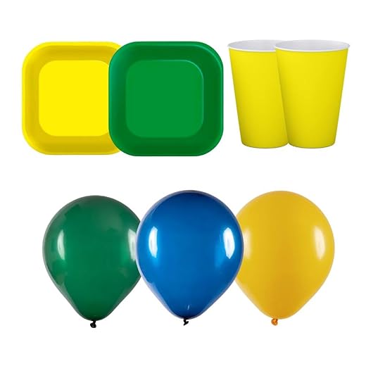 Kit Festa Copa do Mundo Brasil, 16 Pratos, 16 Copos, 75 Balões, Amarelo Verde Azul, Decoração Temática