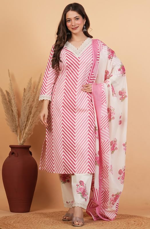 Image of rytras Women Pure Cotton Printed Straight Kurta Set with Palazzo pants & dupatta|Ethnic wear|Kurti Suit Set for Women