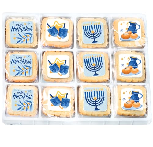 Image of Happy Hanukkah Cookies Gift Basket Kosher for Men Women Kids | Jewish Holiday Gourmet Corporate Food Gift INDIVIDUALLY WRAPPED | 12 Decorated Sugar Cookies Menorah Donuts Dreidels