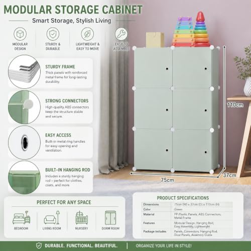 Image of Mevigo Plastic Wardrobe for Kids & Baby | 6-Door Cupboard for Clothes | Almirah for Kids Clothes | Collapsible Baby Wardrobe | Cupboard Storage Rack for Toys Books | Bedroom-Green