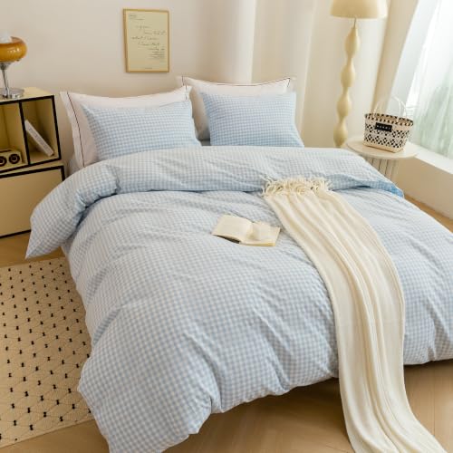 Image of ECOCOTT Gingham Duvet Cover Bedding Set 100% Washed Cotton Linen Like King