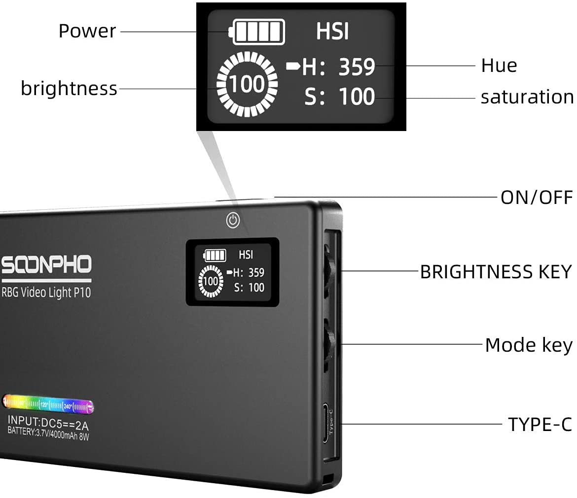 Luce LED RGB Per Videocamera Soonpho Con Batteria 4000mAh – 2500-8500K, CRI 97+, Display LCD E Custodia