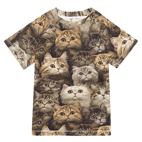 Cute Scottish Fold Cats Brown Girl Bathing Suit Short Sleeves Kids Rash Guard Swimwears Athletic Shirt for Little Boy 9-10Y