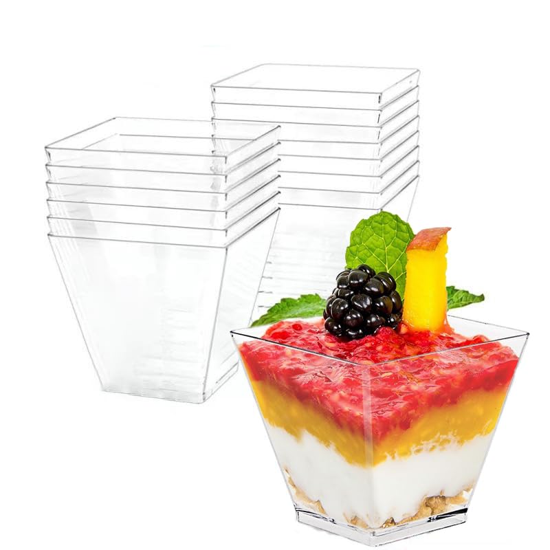 WSeltrium - Tazas de postre (50 unidades, 60 ml/2 oz, transparente, vasos de postre reutilizables, de plástico, para espuma, tiramisú, cumpleaños