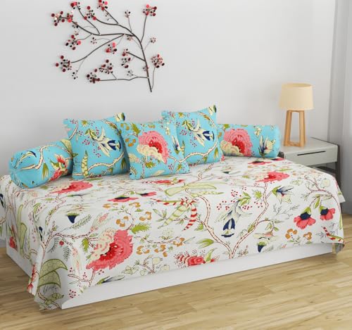 Image of Pure Soft Cotton Printed Diwan Set Covers 6 Pieces - 1 Single Bed Sheet (60 X 90) with 3 Cushion (16 X 16), 2 Bolster Covers (16 X 32) (White, Medium)
